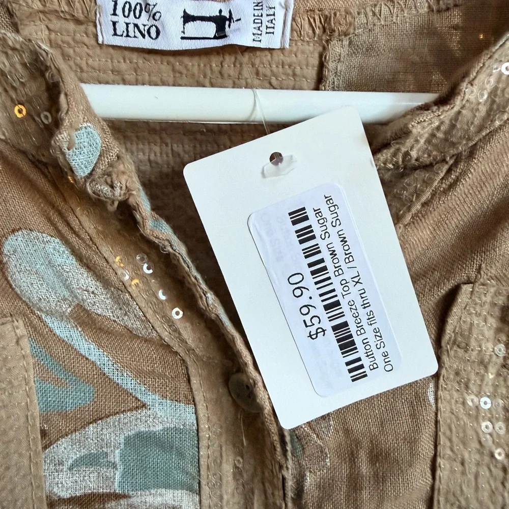 100% Lino NWT Button Breeze Top Brown Sugar One Size fits- XL 100% linen. - Picture 4 of 11